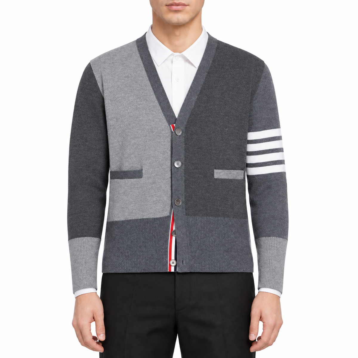 Men's Plaid Knitwear by Thom Browne, modeled on a pure white background
