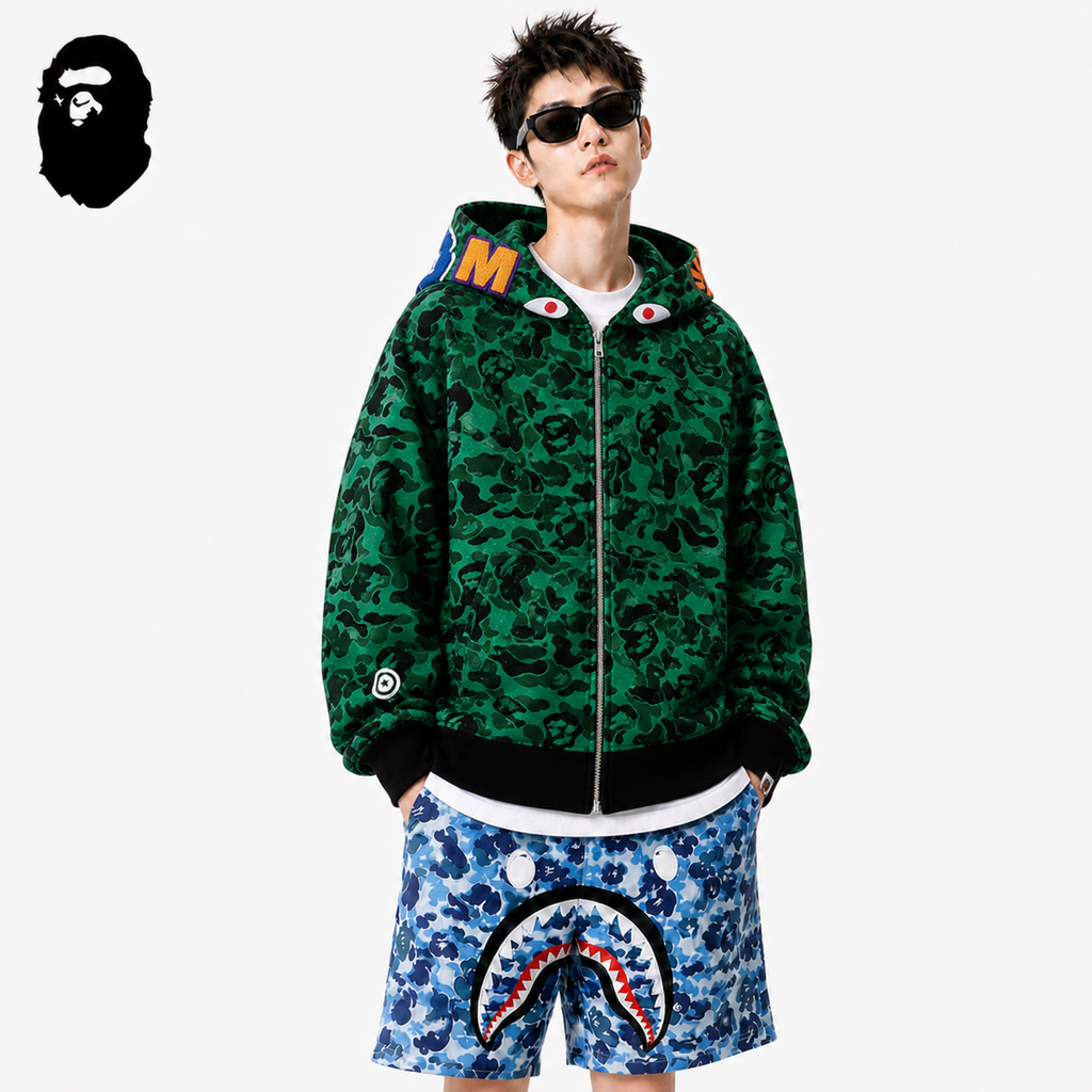 BAPE Green Camo Shark Zip Hoodie styled on a male model