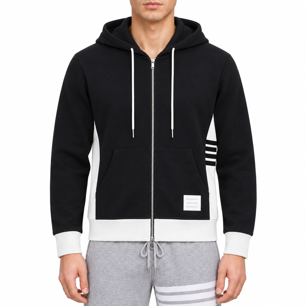 Colorblock Four-Bar Hoodie by Thom Browne, modeled on a pure white background