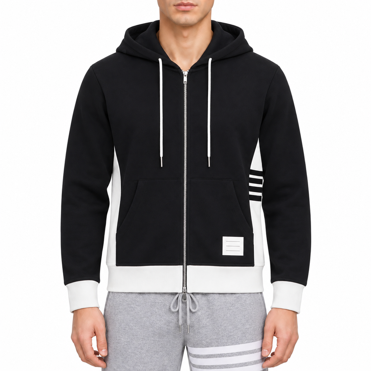 Colorblock Four-Bar Hoodie by Thom Browne, modeled on a pure white background