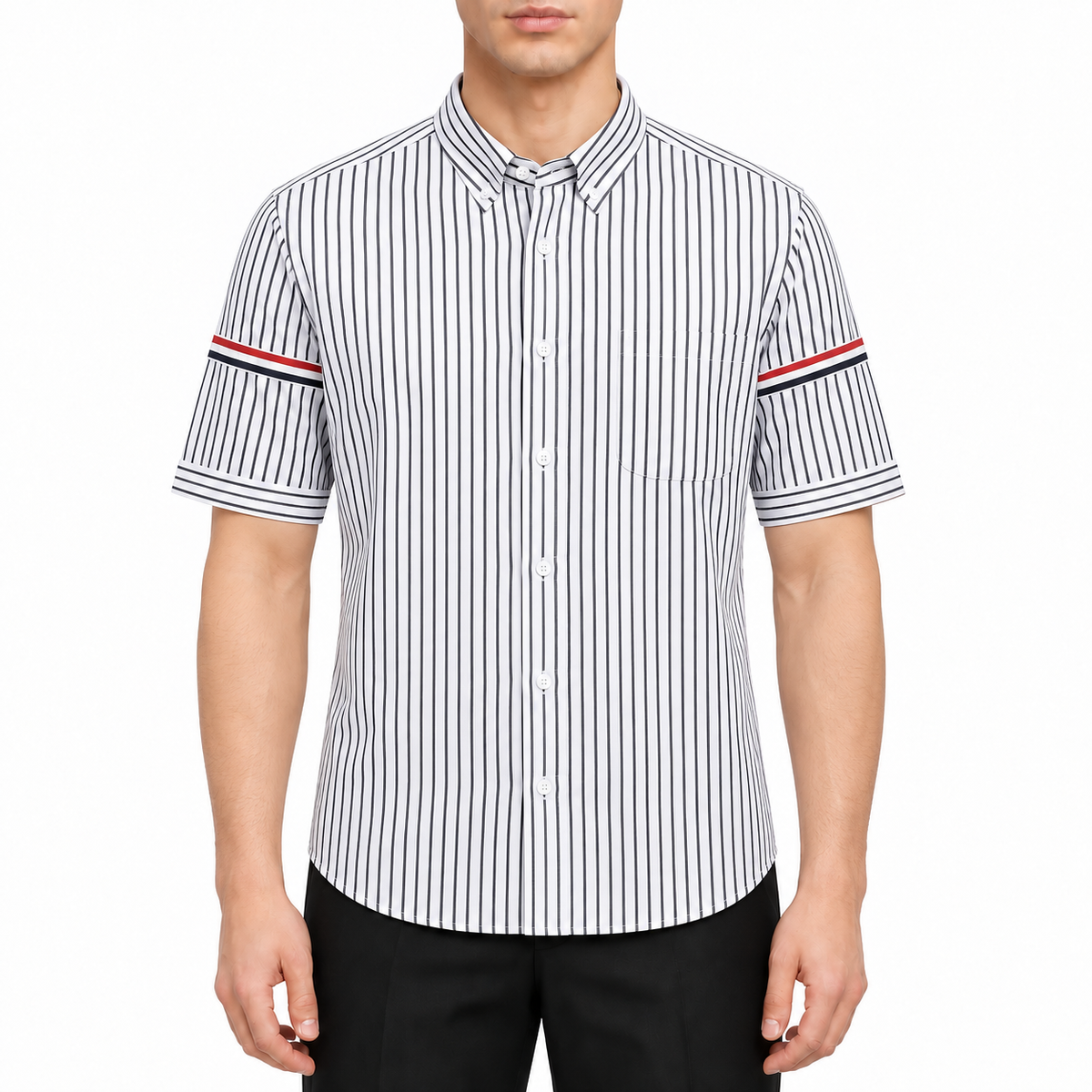 Unisex Pocket Webbing Short-Sleeve Shirt by Thom Browne, modeled on a pure white background