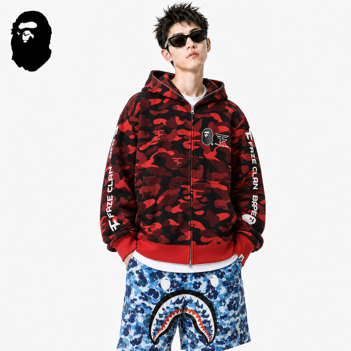 BAPE Red Camo Ape Head Hoodie styled on a male model