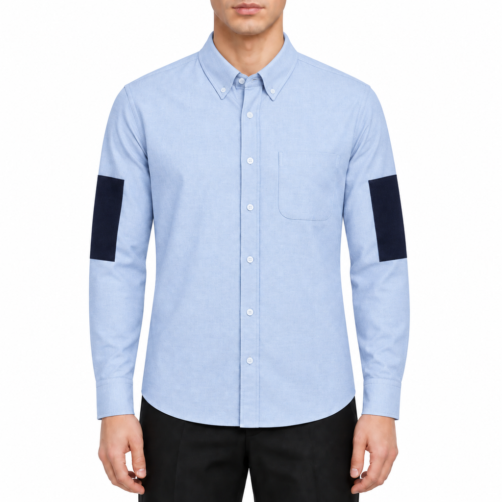 Men's Double Sleeve Patches Contrast Shirt by Thom Browne, modeled on a pure white background