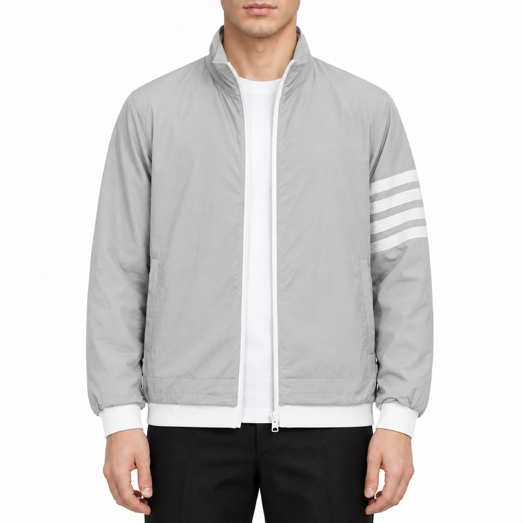 Checkered embossed jacket by Thom Browne, modeled on a pure white background
