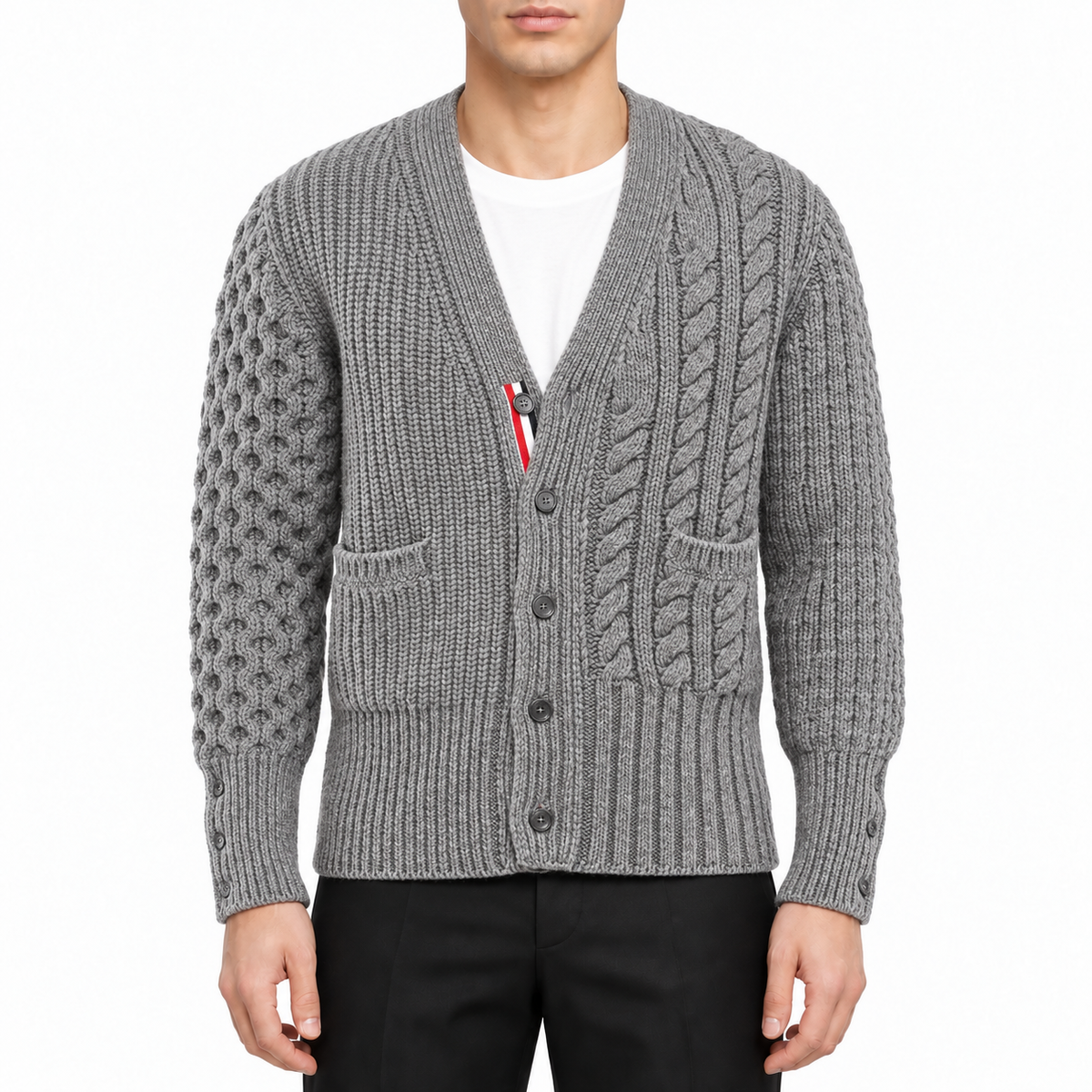 Men's Hoodies by Thom Browne, modeled on a pure white background