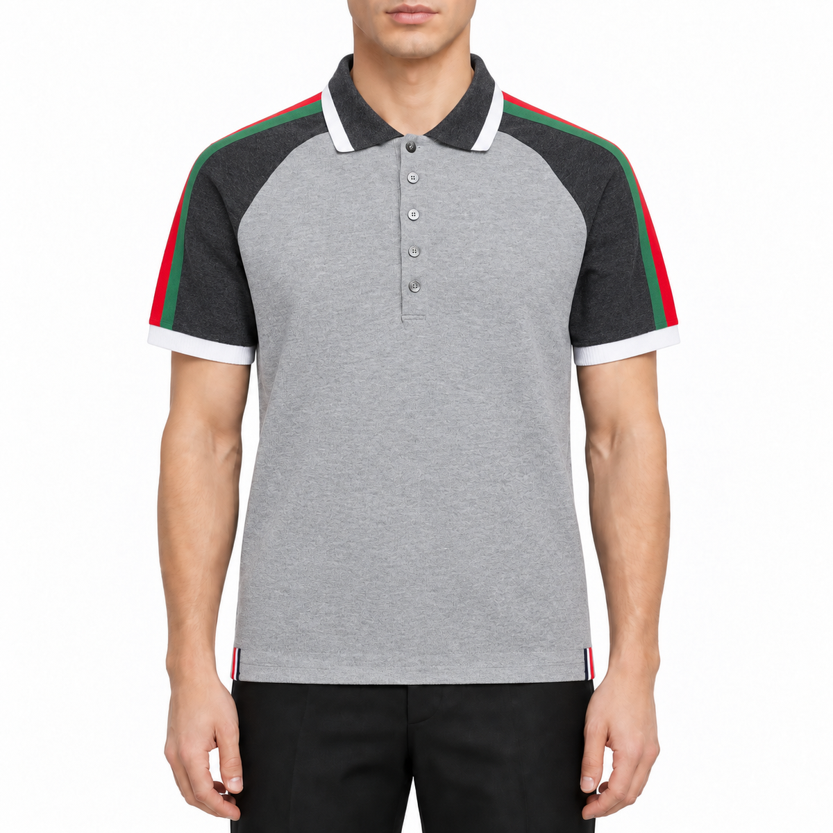 Men's POLO shirts by Thom Browne, modeled on a pure white background