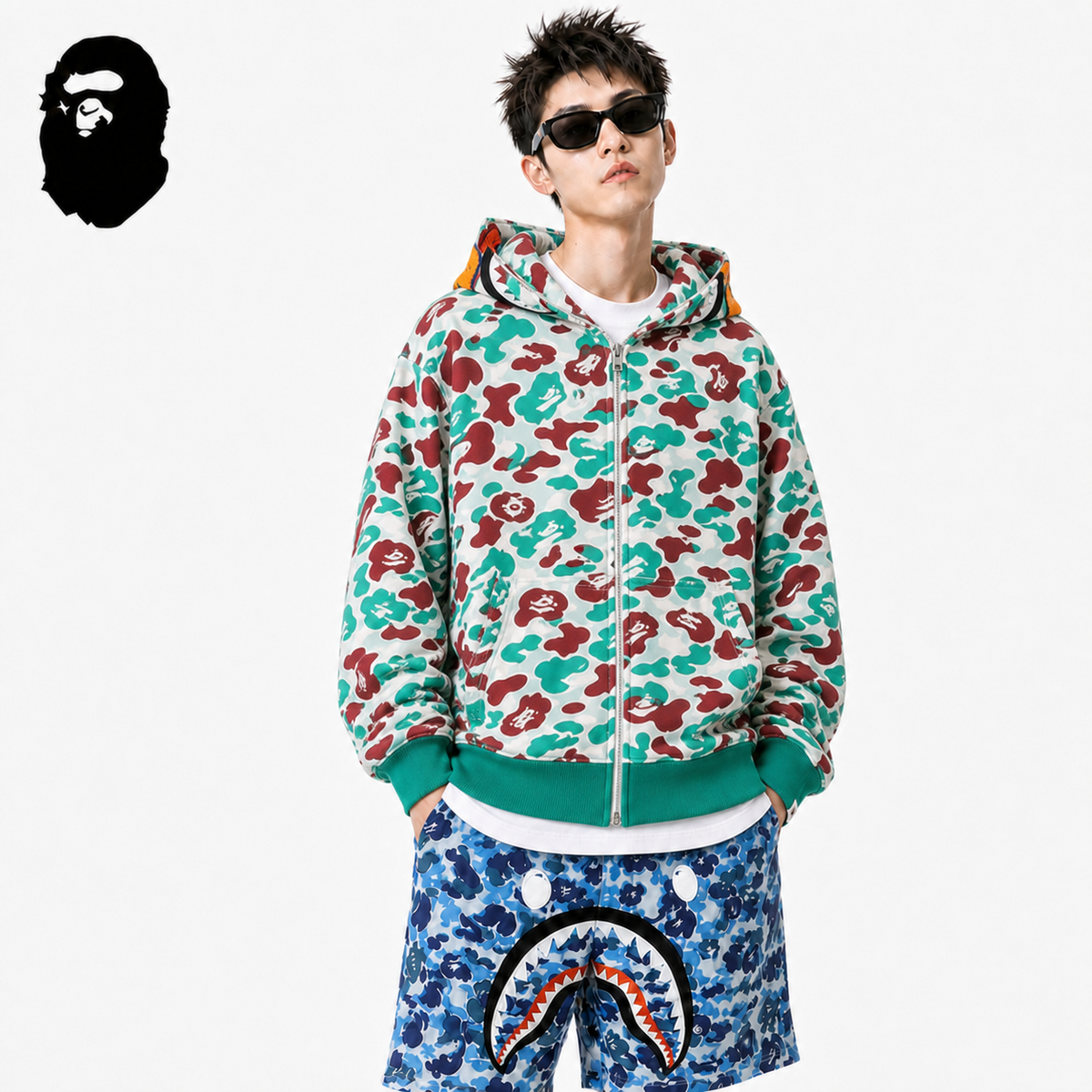 BAPE ABC Camo Hoodie - Blue, Red & Yellow styled on a male model