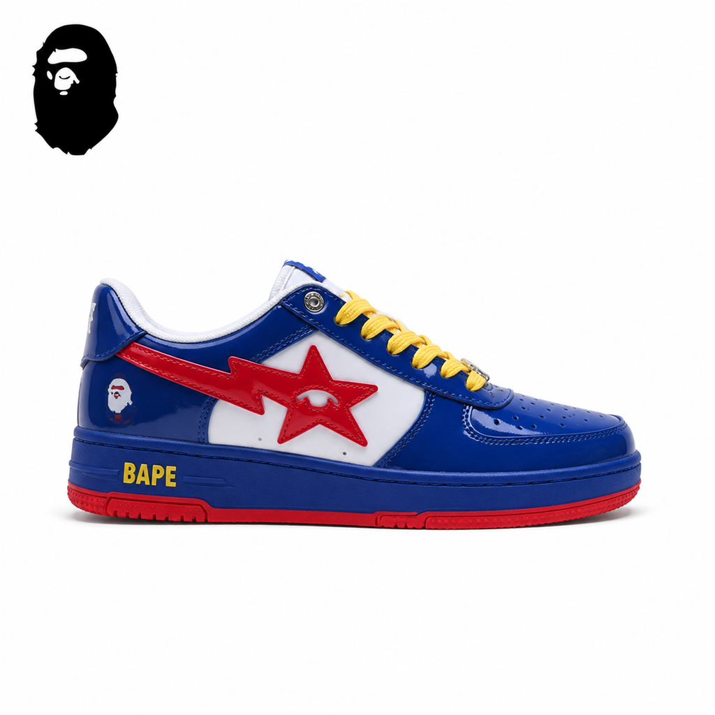 BAPE STA Low-Top Sneakers - Blue/Red/Yellow, single side view on a white background
