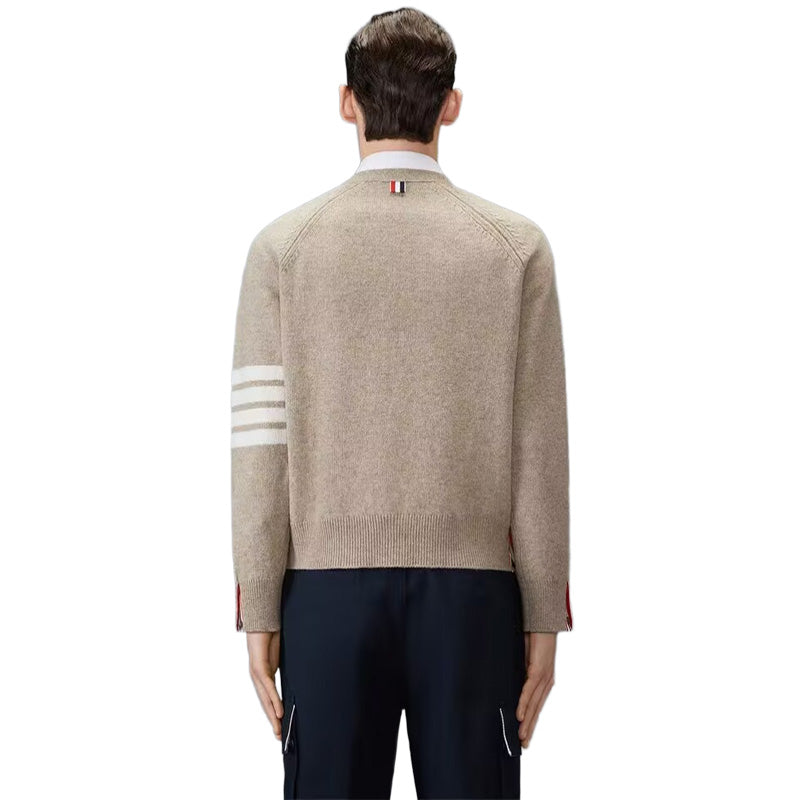 4 - Bar Premium Cotton V - Neck Cardigan - Classic Khaki Knit by Thom Browne, knitwear detail view