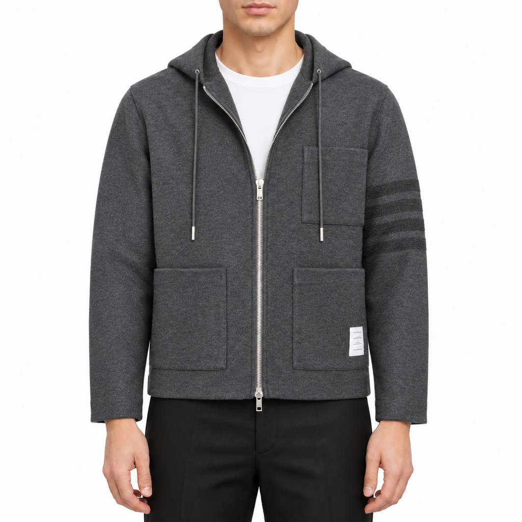 Hooded jacket by Thom Browne, modeled on a pure white background