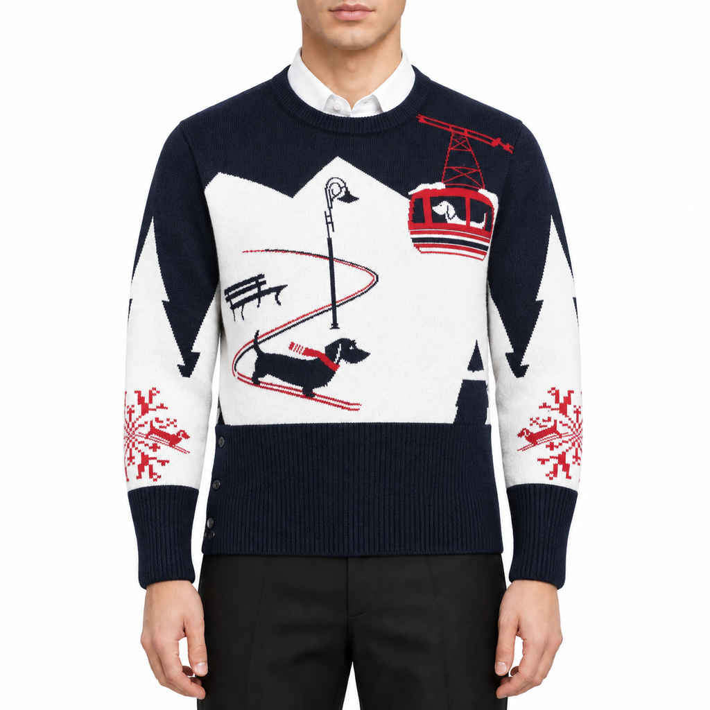 Men's Puppy Knitwear by Thom Browne, modeled on a pure white background