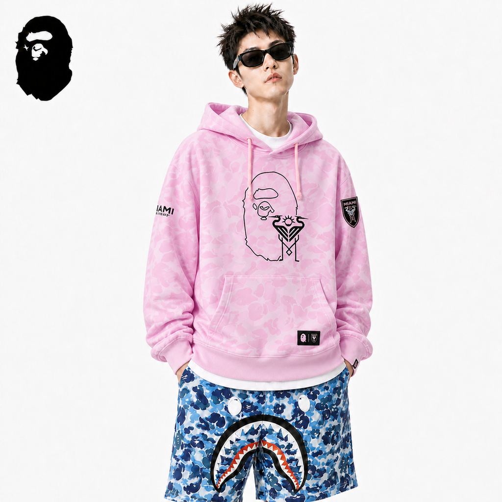 BAPE x Miami Graphic Hoodie - Black, Grey & Pink styled on a male model