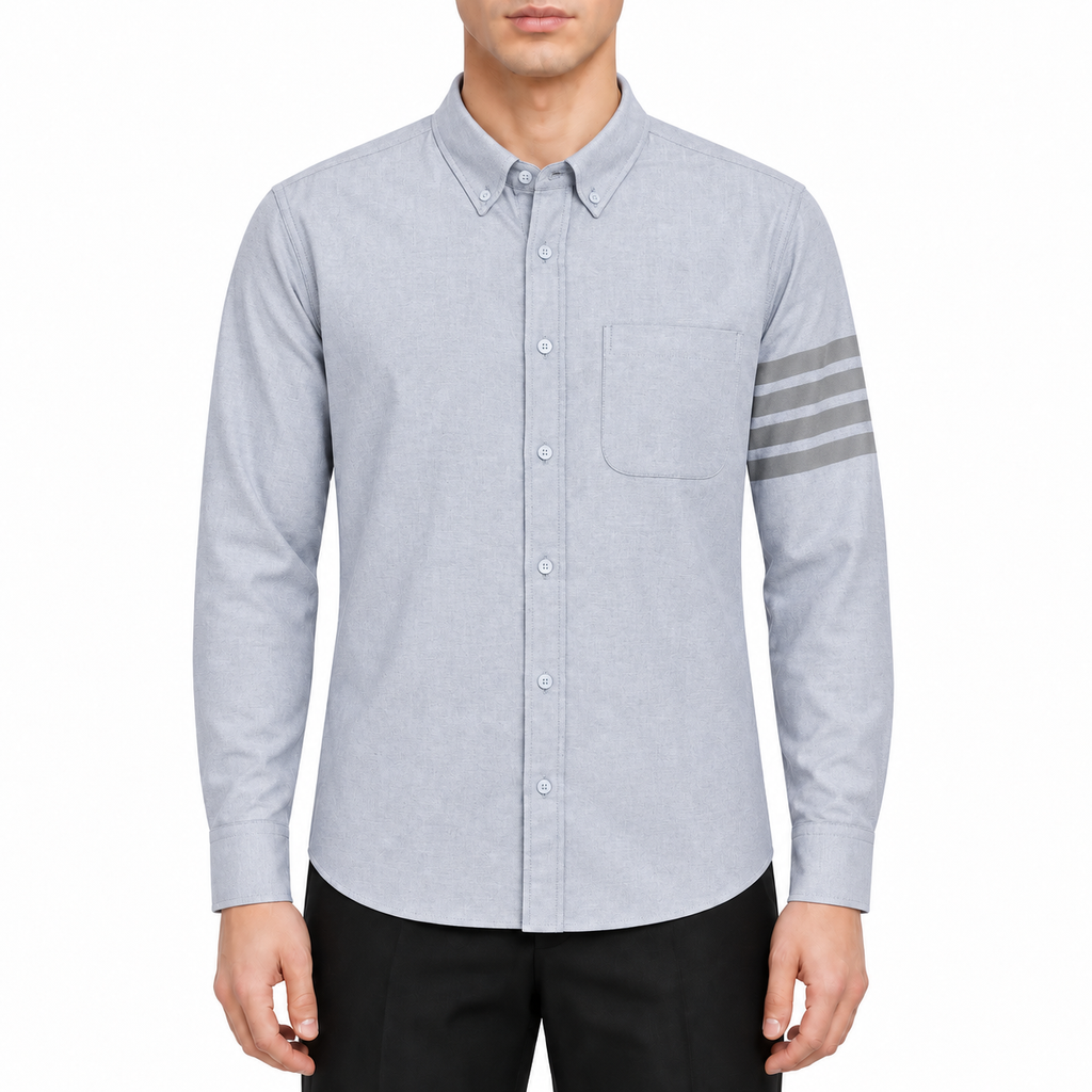 Men's Shirt by Thom Browne, modeled on a pure white background