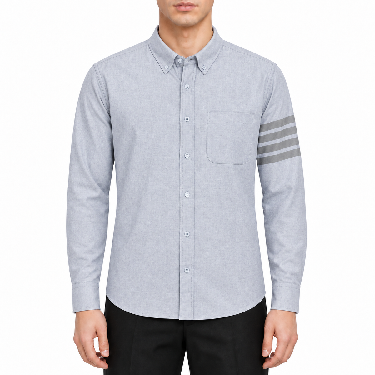 Men's Shirt by Thom Browne, modeled on a pure white background