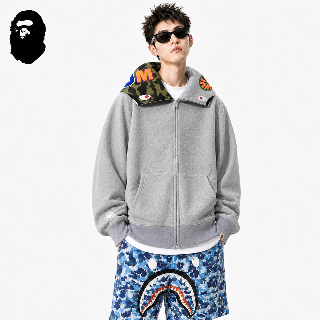 BAPE Camo Shark Hoodie - Black, Grey & Red styled on a male model