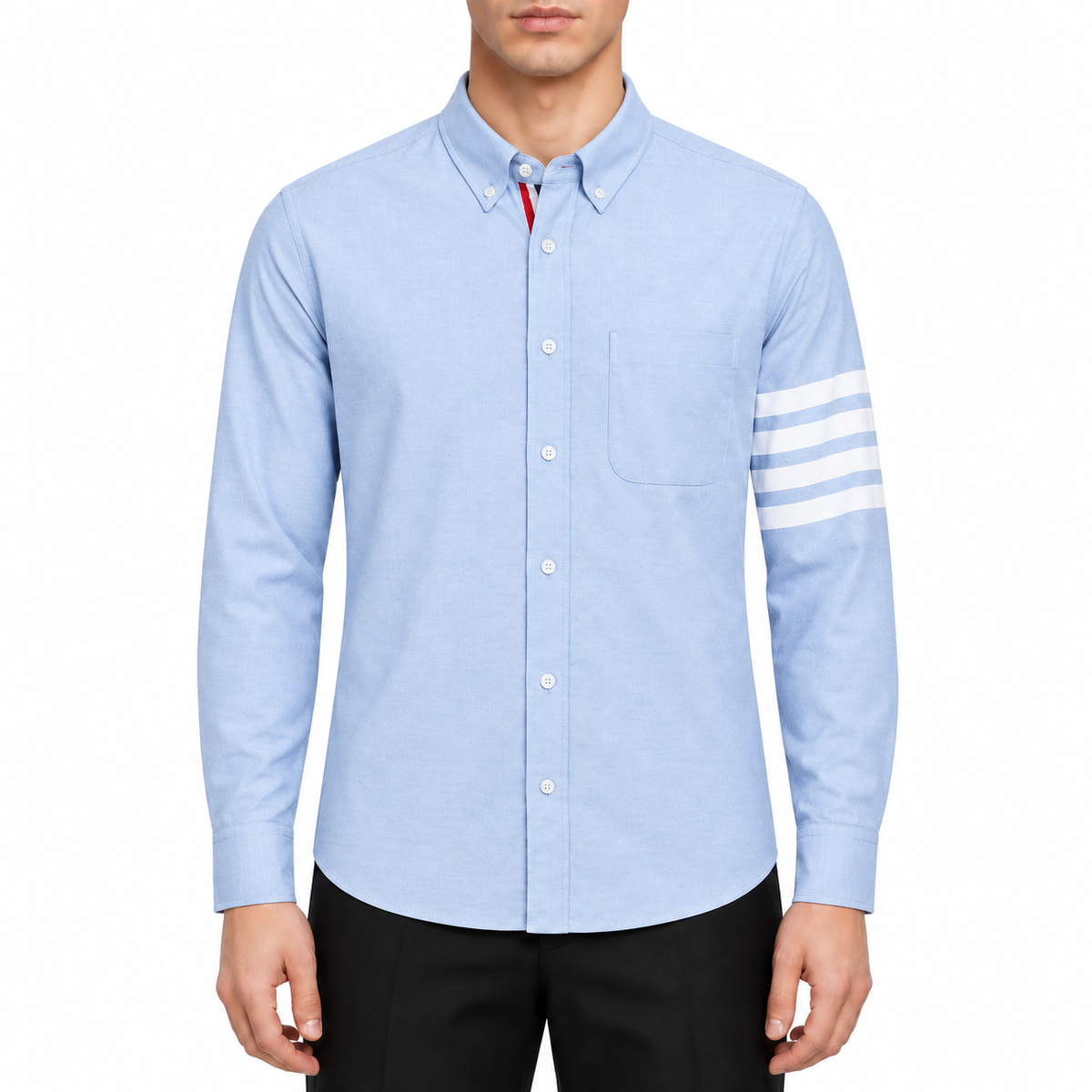 Men's shirt by Thom Browne, modeled on a pure white background
