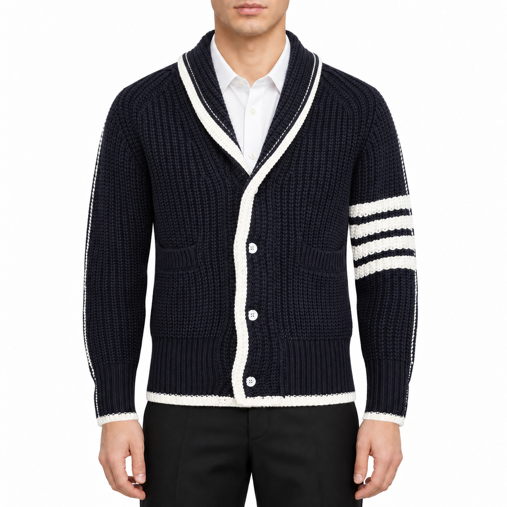 Men's Cardigan by Thom Browne, modeled on a pure white background