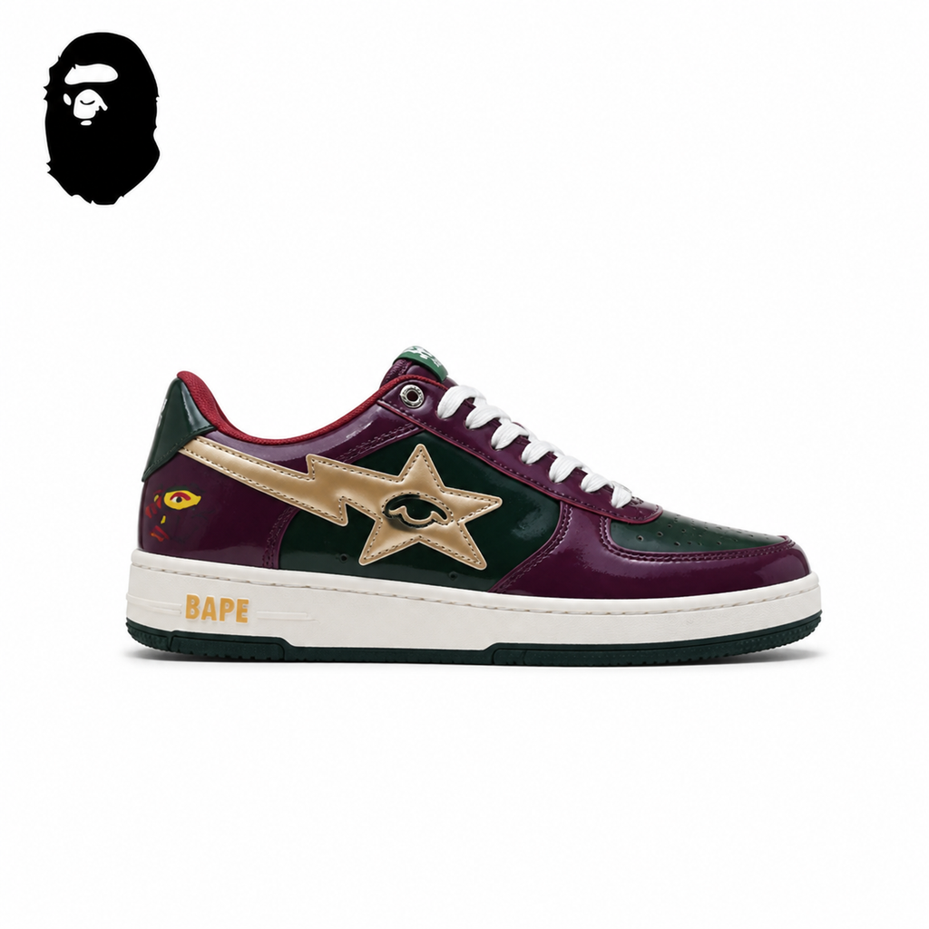 BAPE STA Pastel Leather Sneakers - Burgundy/Green, single side view on a white background