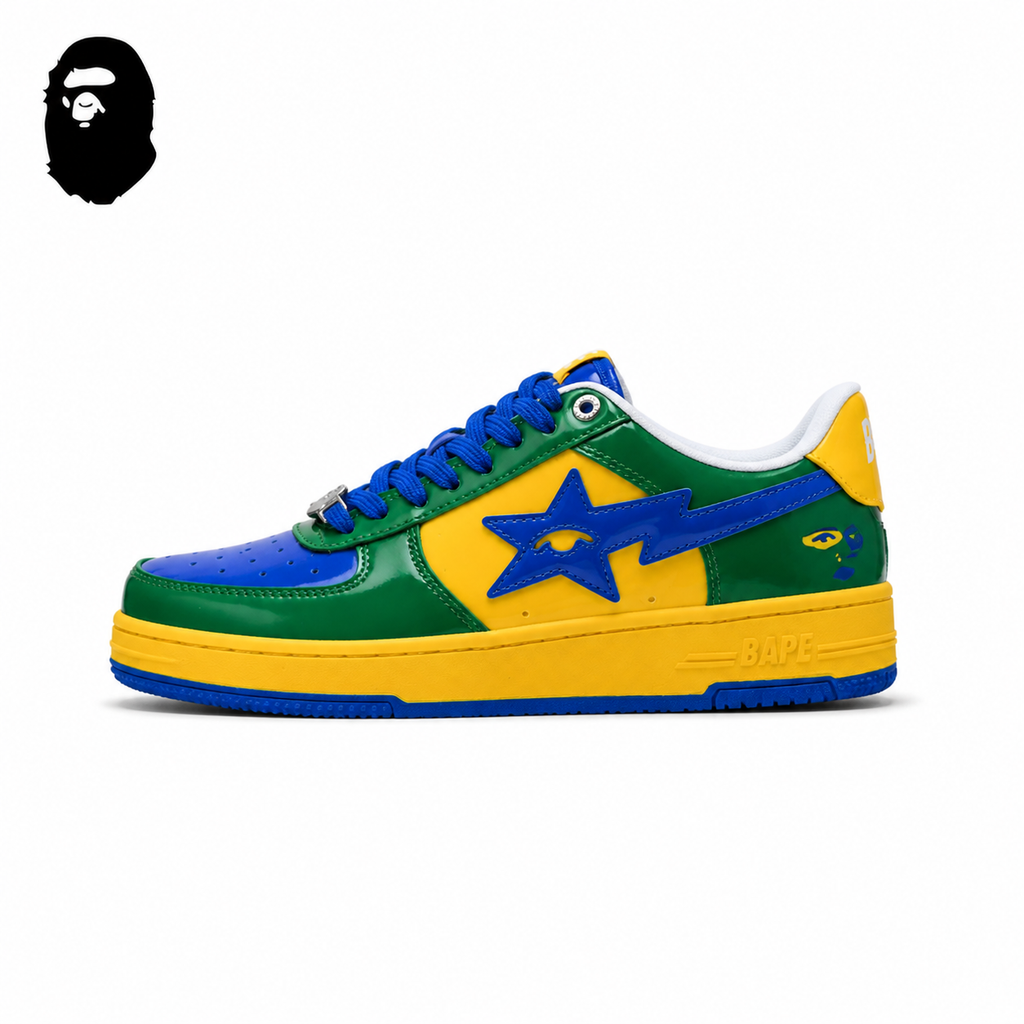 BAPE STA Low-Top Sneakers - Blue/Green/Yellow, single side view on a white background