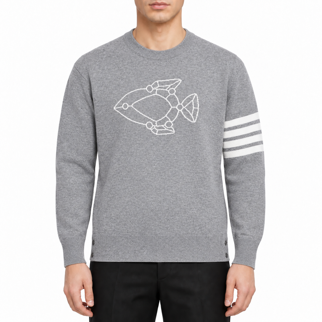 Men's Animal Knitwear by Thom Browne, modeled on a pure white background