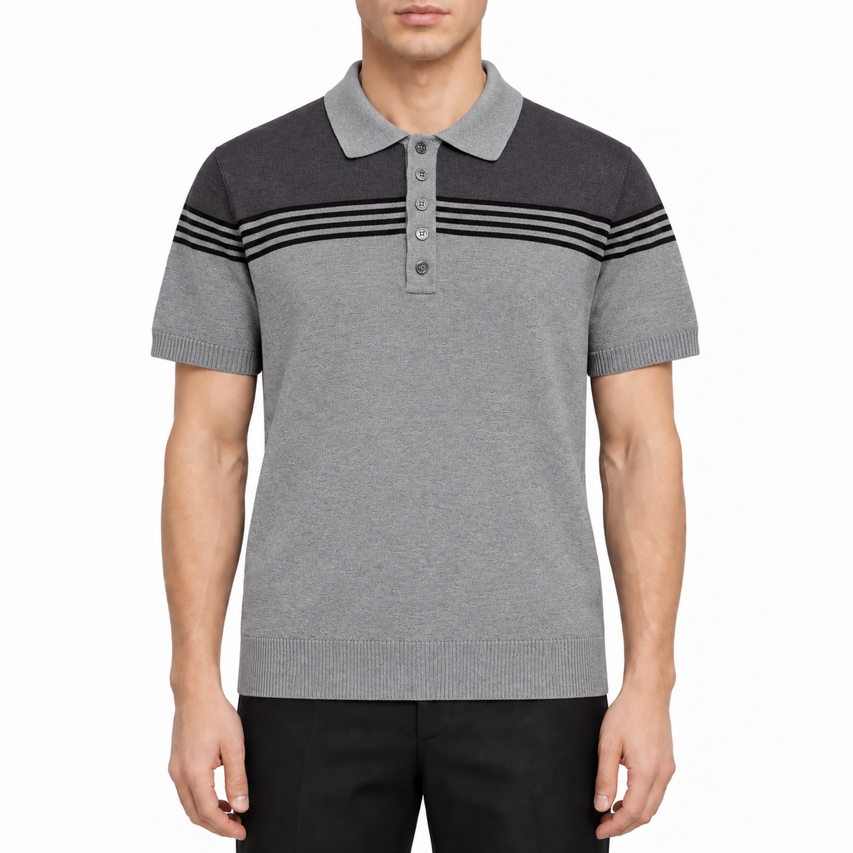 Classic Wool Polo Shirt by Thom Browne, modeled on a pure white background