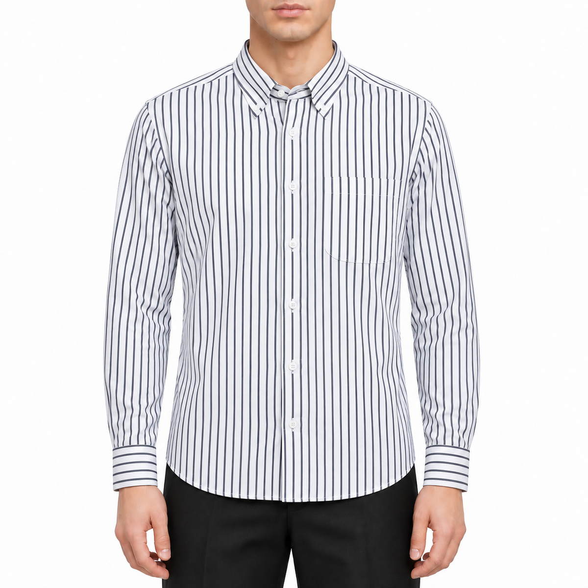 Classic Four-Bar Black & White Striped Patchwork Shirt - Premium Designer by Thom Browne, modeled on a pure white background