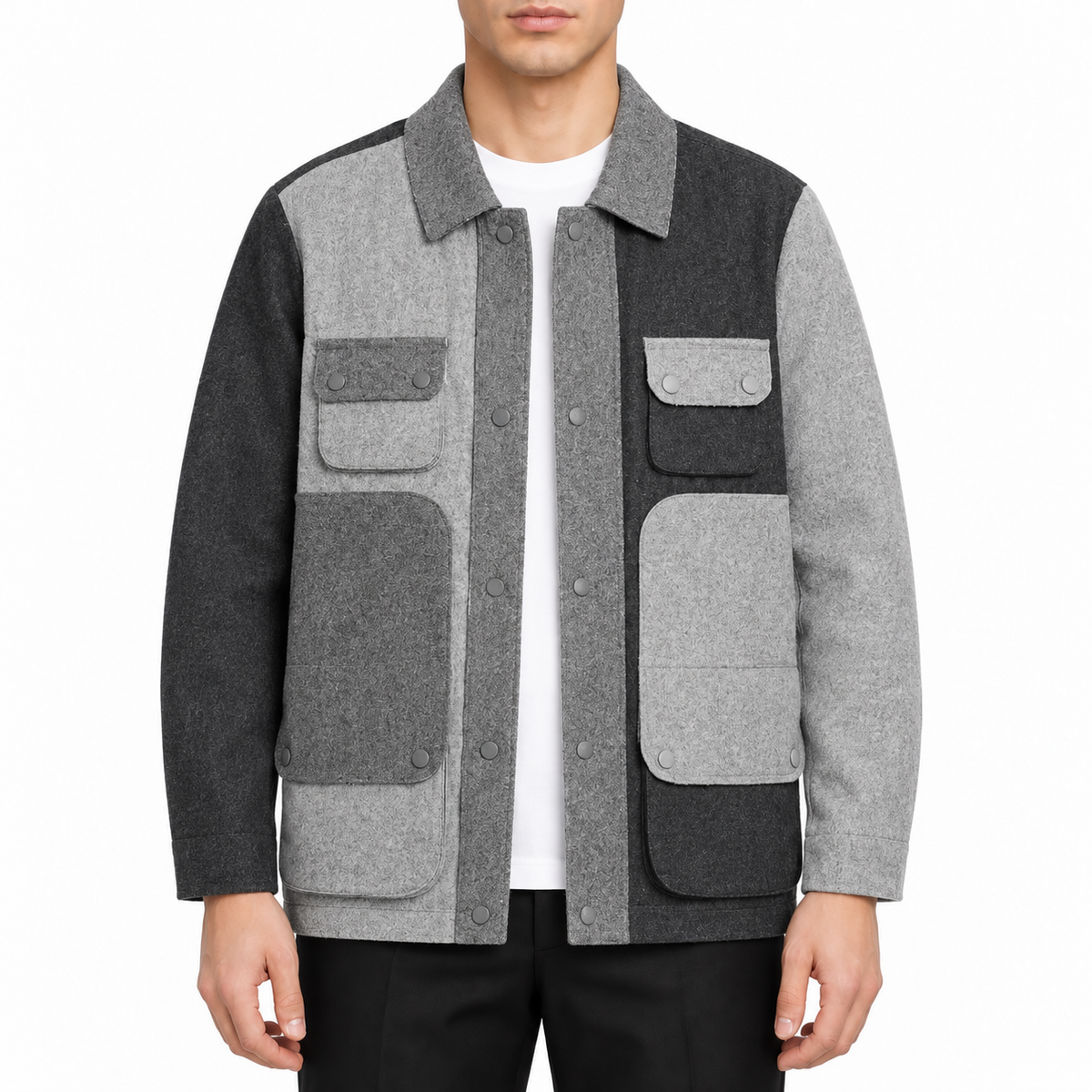 Mid-length coat by Thom Browne, modeled on a pure white background