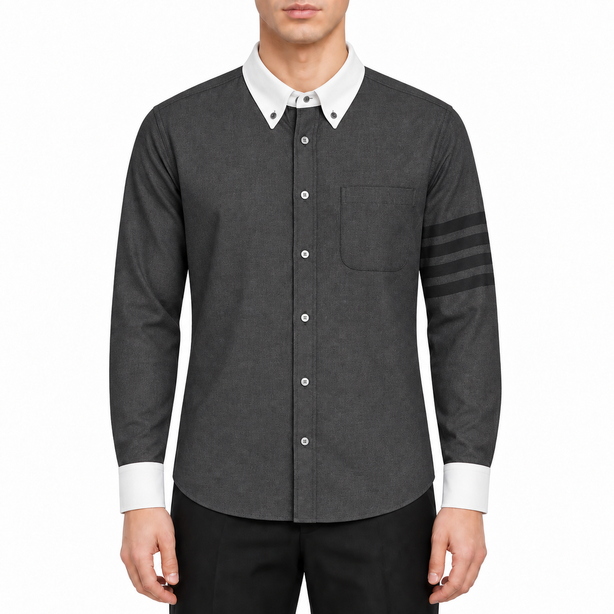 Men's shirt jacket by Thom Browne, modeled on a pure white background
