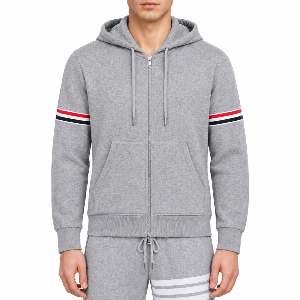 Rainbow Stripe Hoodie - Premium Athletic Zip - Up by Thom Browne, modeled on a pure white background