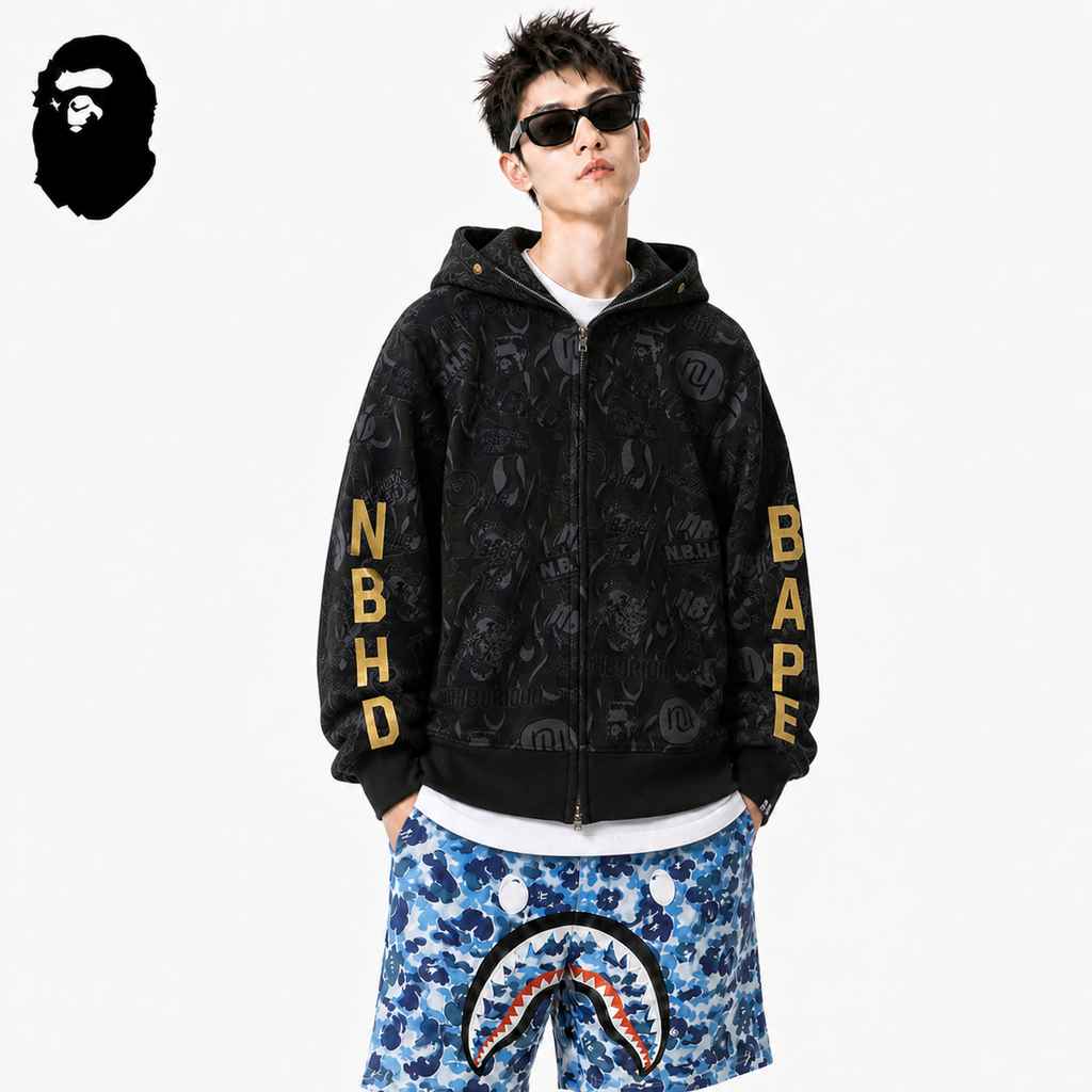 BAPE Black & Gold Camo Shark Hoodie styled on a male model