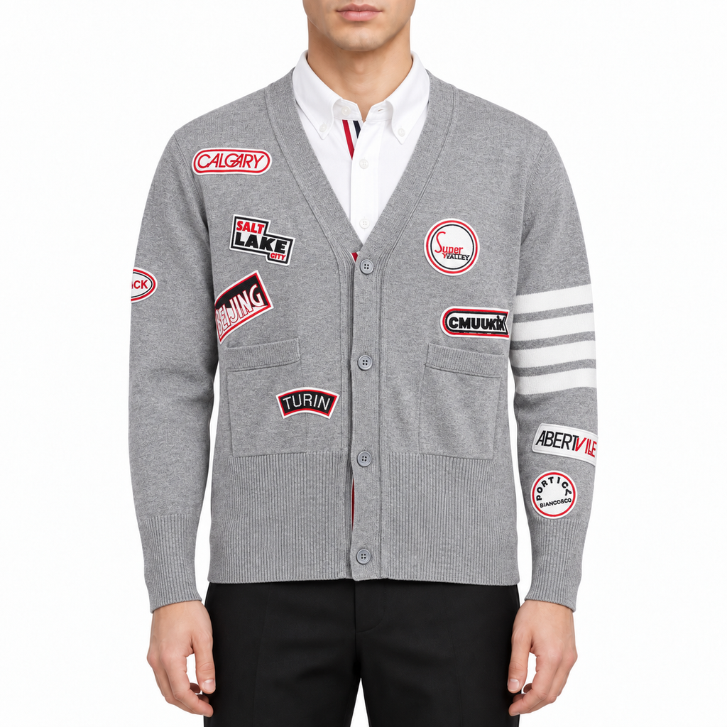 Men's Knitwear by Thom Browne, modeled on a pure white background