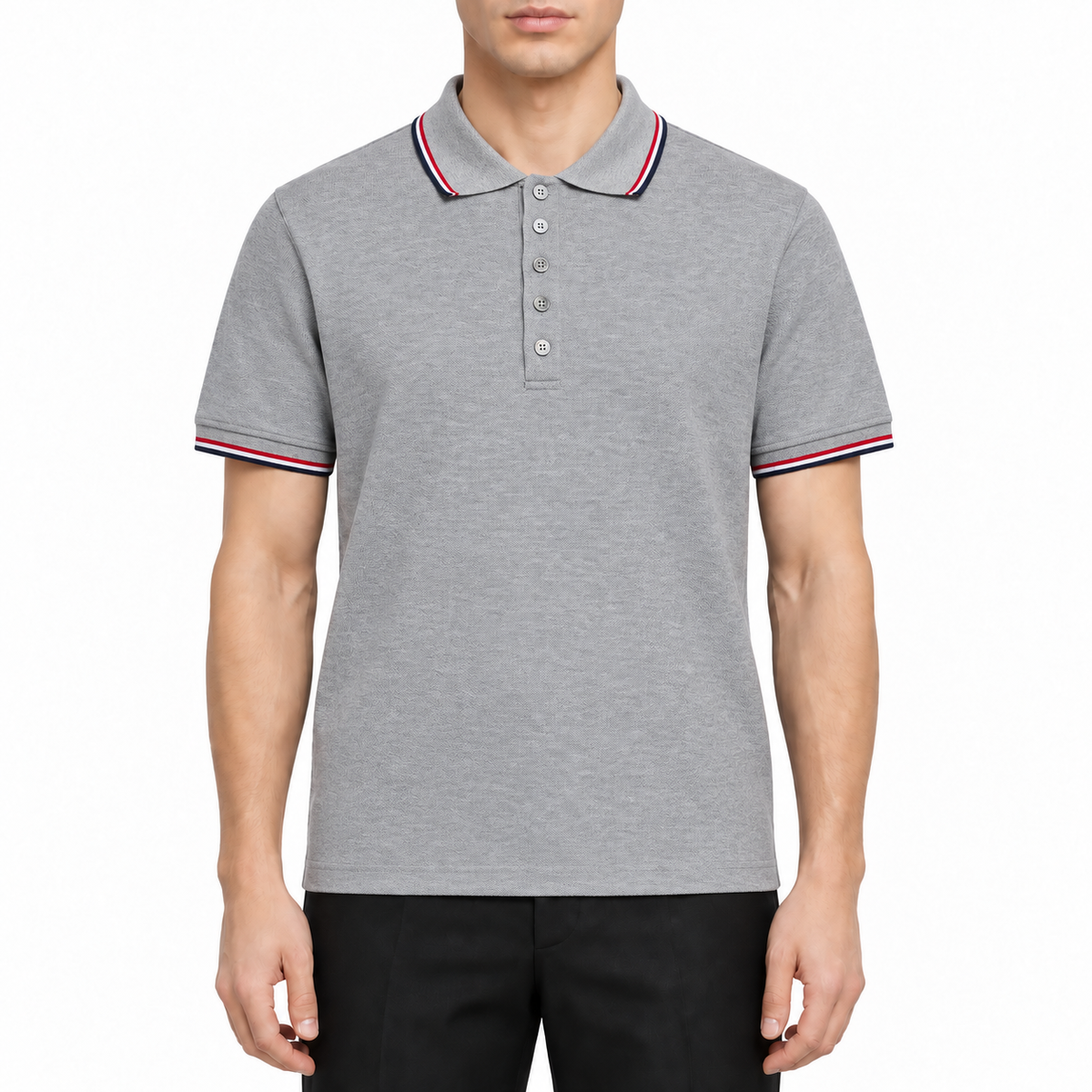 Classic Four-Bar Wool T-Shirt by Thom Browne, modeled on a pure white background