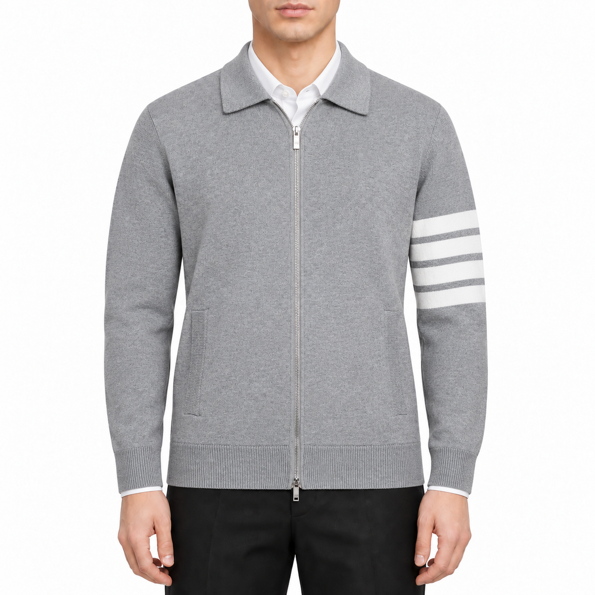 Men's Wool Cardigan by Thom Browne, modeled on a pure white background