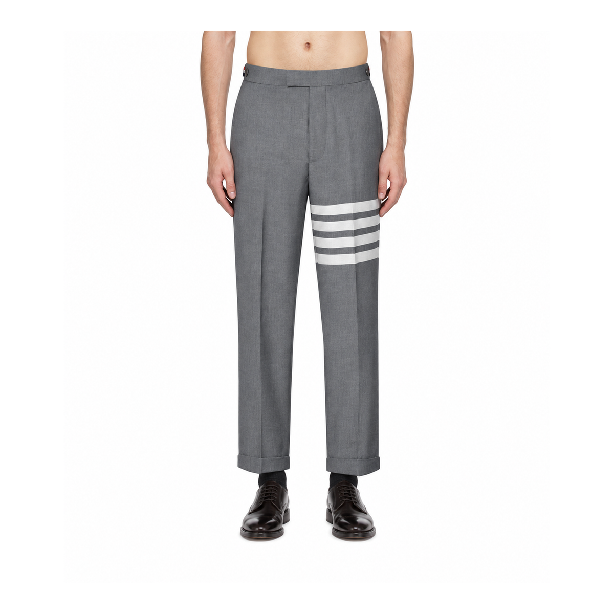 Thom Browne Style Cropped Pants with Signature Four-Bar Detail - Main Image
