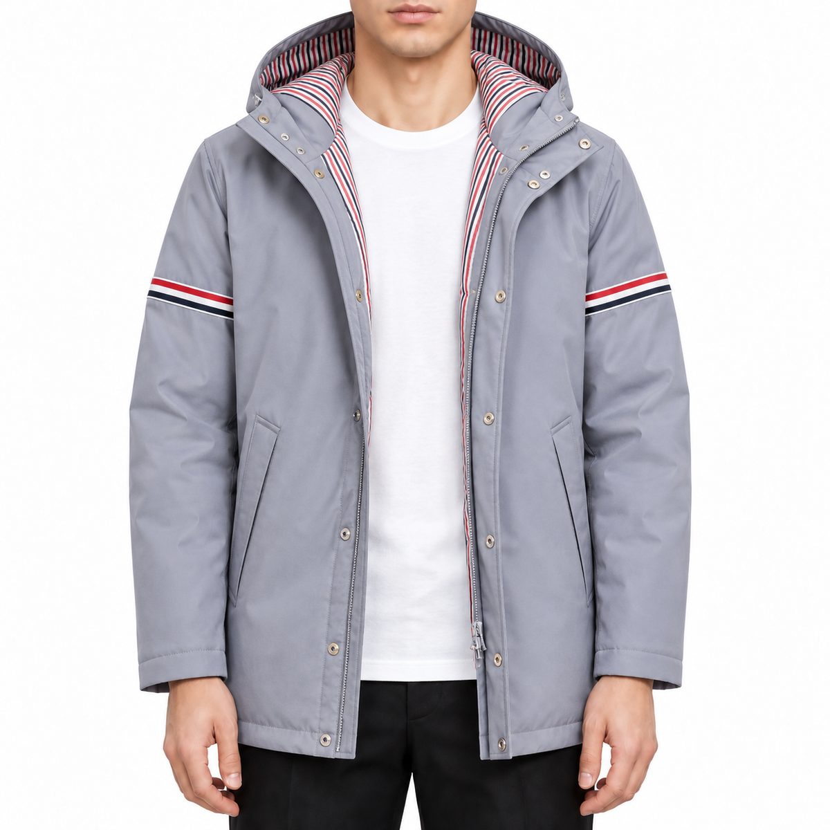 Unisex mid-length down jacket by Thom Browne, modeled on a pure white background