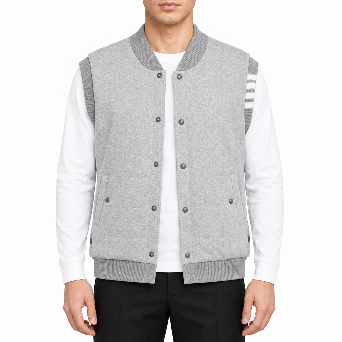 Unisex Warm Vest by Thom Browne, modeled on a pure white background