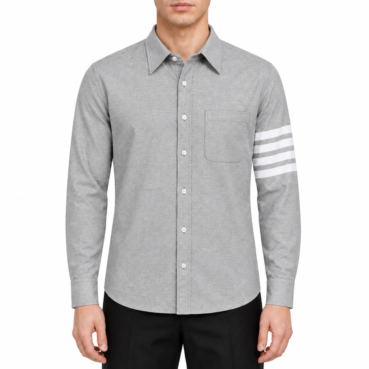 Men's long-sleeved shirt by Thom Browne, modeled on a pure white background