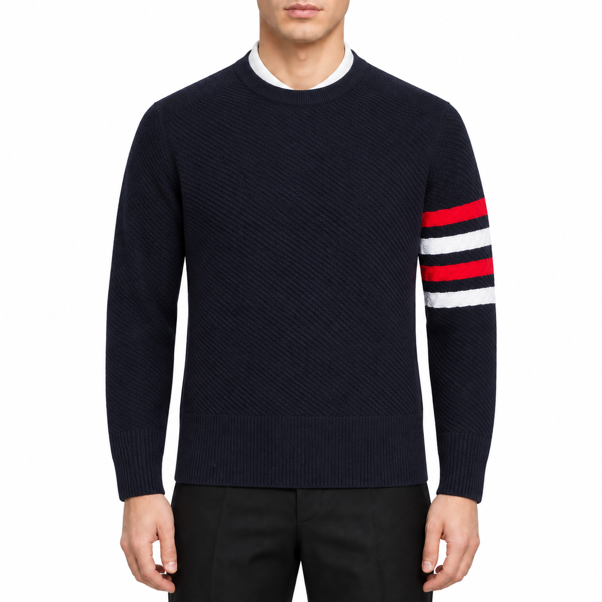 Men's Wool Sweater by Thom Browne, modeled on a pure white background