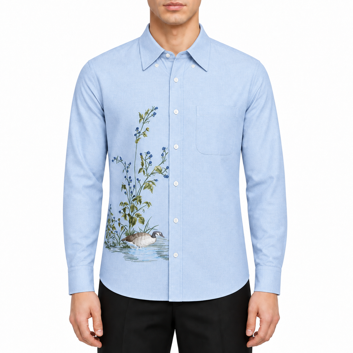 Men'sEmbroidered Four-Bar Oxford Shirt - 100% Cotton Premium by Thom Browne, modeled on a pure white background