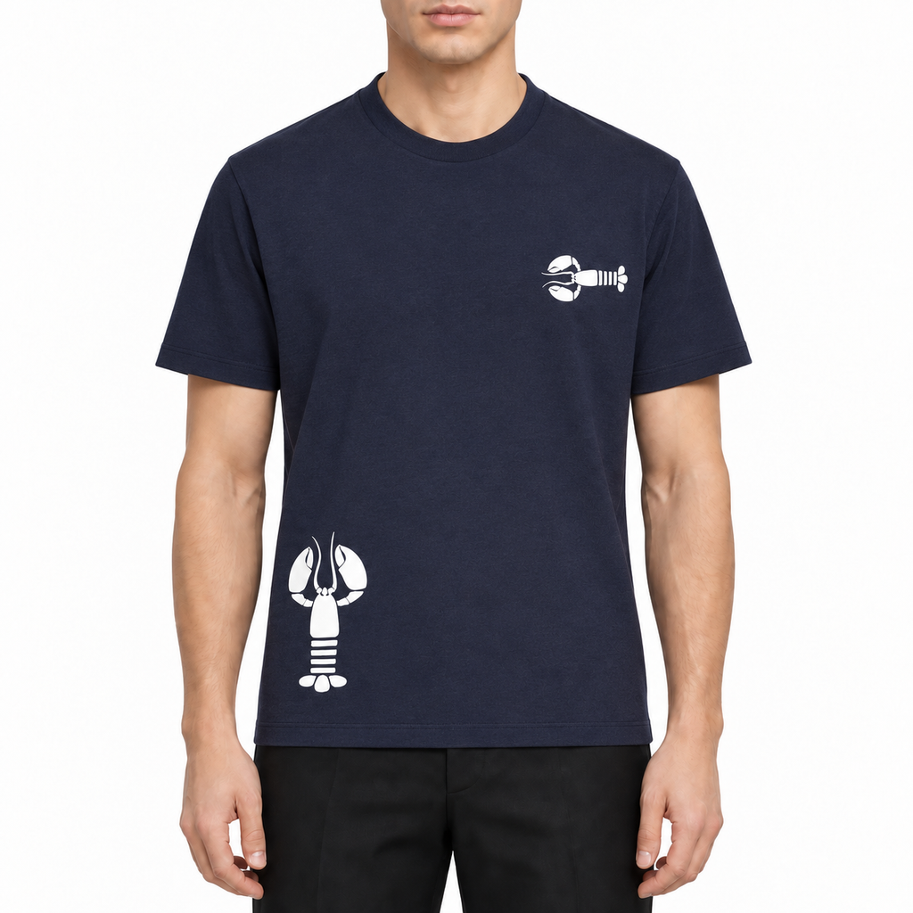 Classic Four-Bar Wool T-Shirt by Thom Browne, modeled on a pure white background