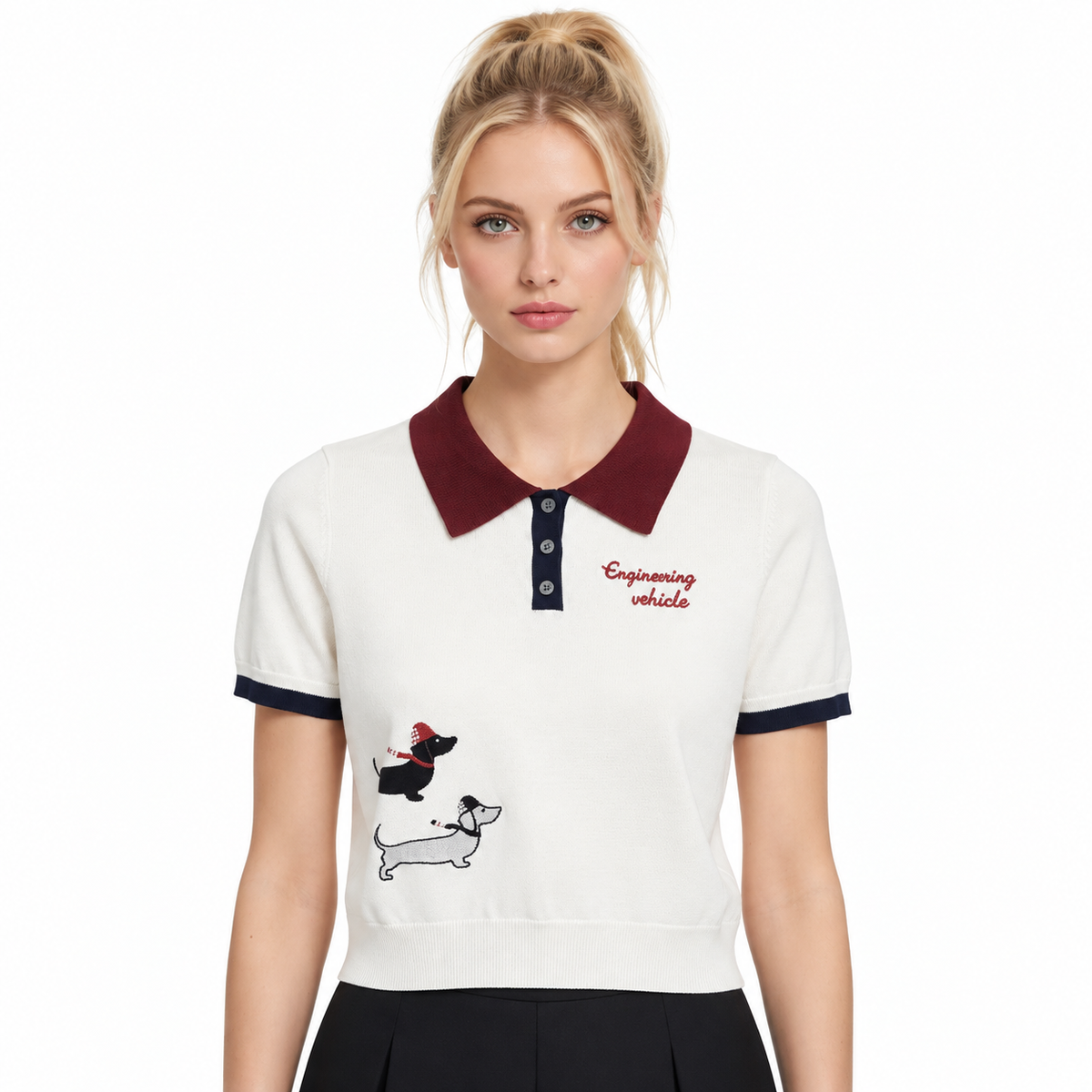 New Puppy-Embroidered Knitted T-Shirt - Model Main Image