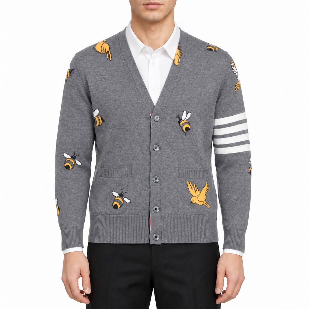 Men's Wool Cardigan by Thom Browne, modeled on a pure white background