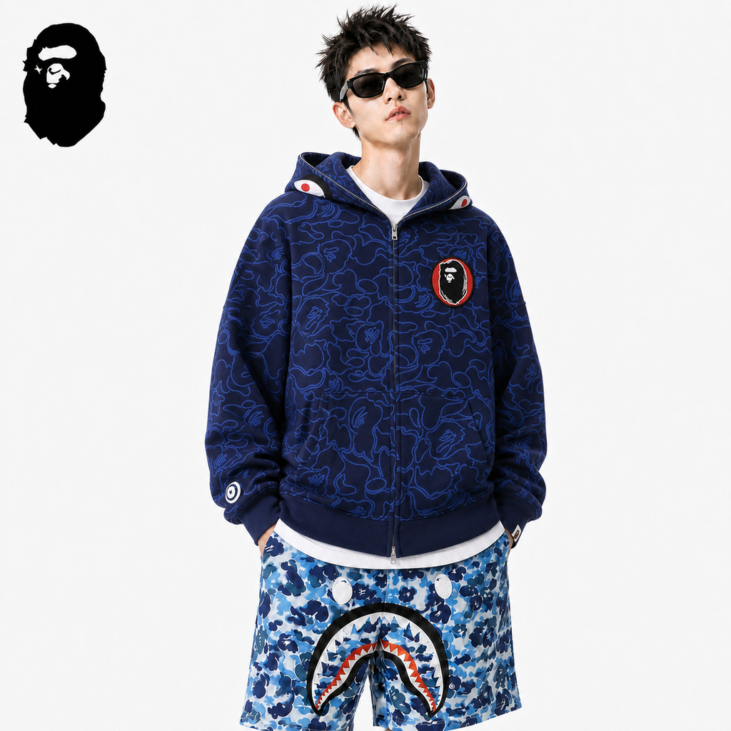BAPE Shark Full-Zip Hoodie - Blue, Green & Red styled on a male model