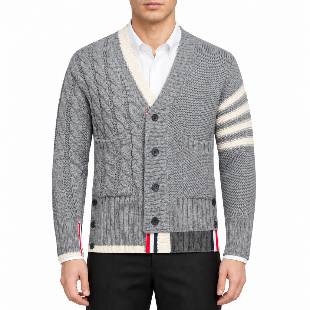 Classic Four-Bar Thickened Wool Cardigan by Thom Browne, modeled on a pure white background
