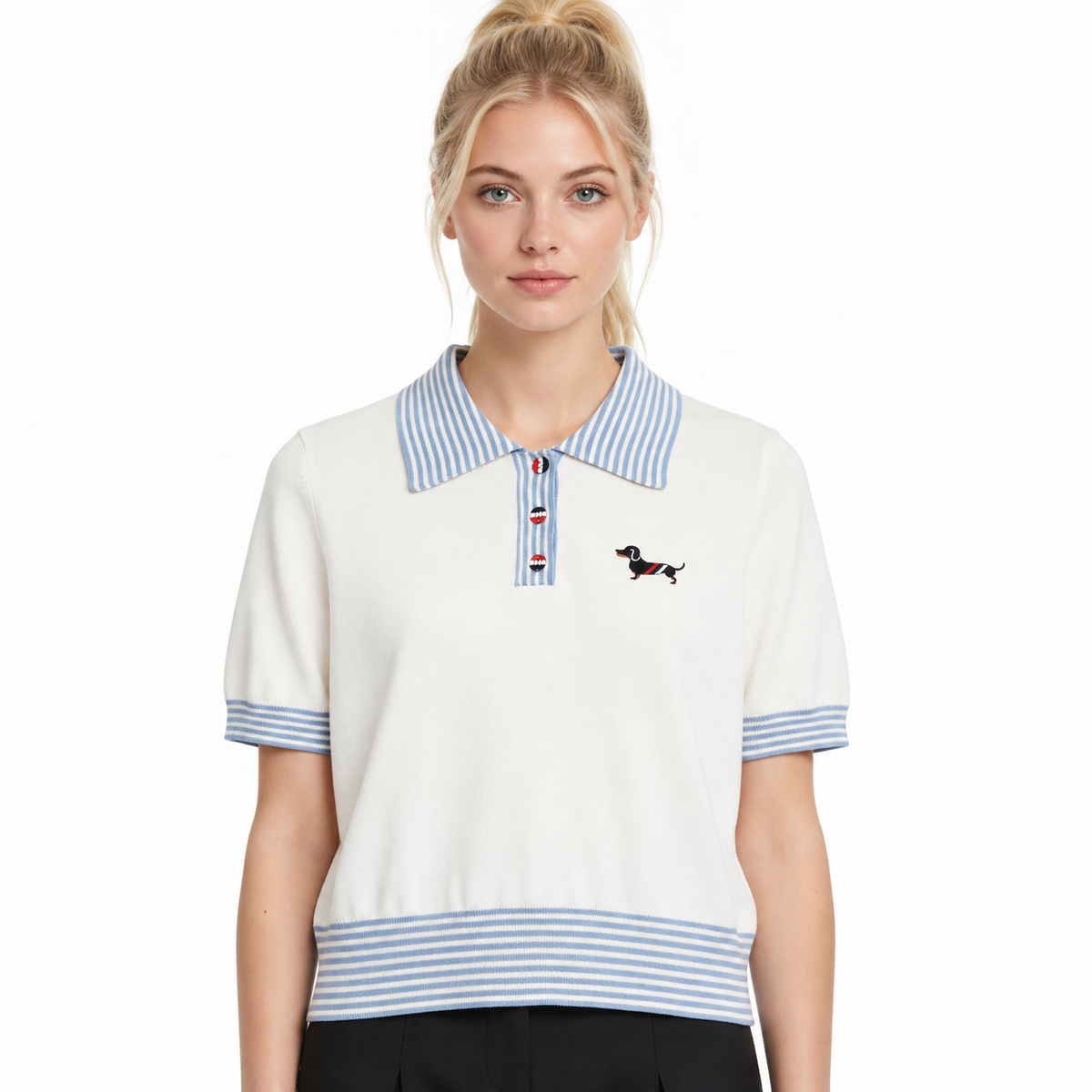 New Puppy-Embroidered Knitted T-Shirt - Model Main Image