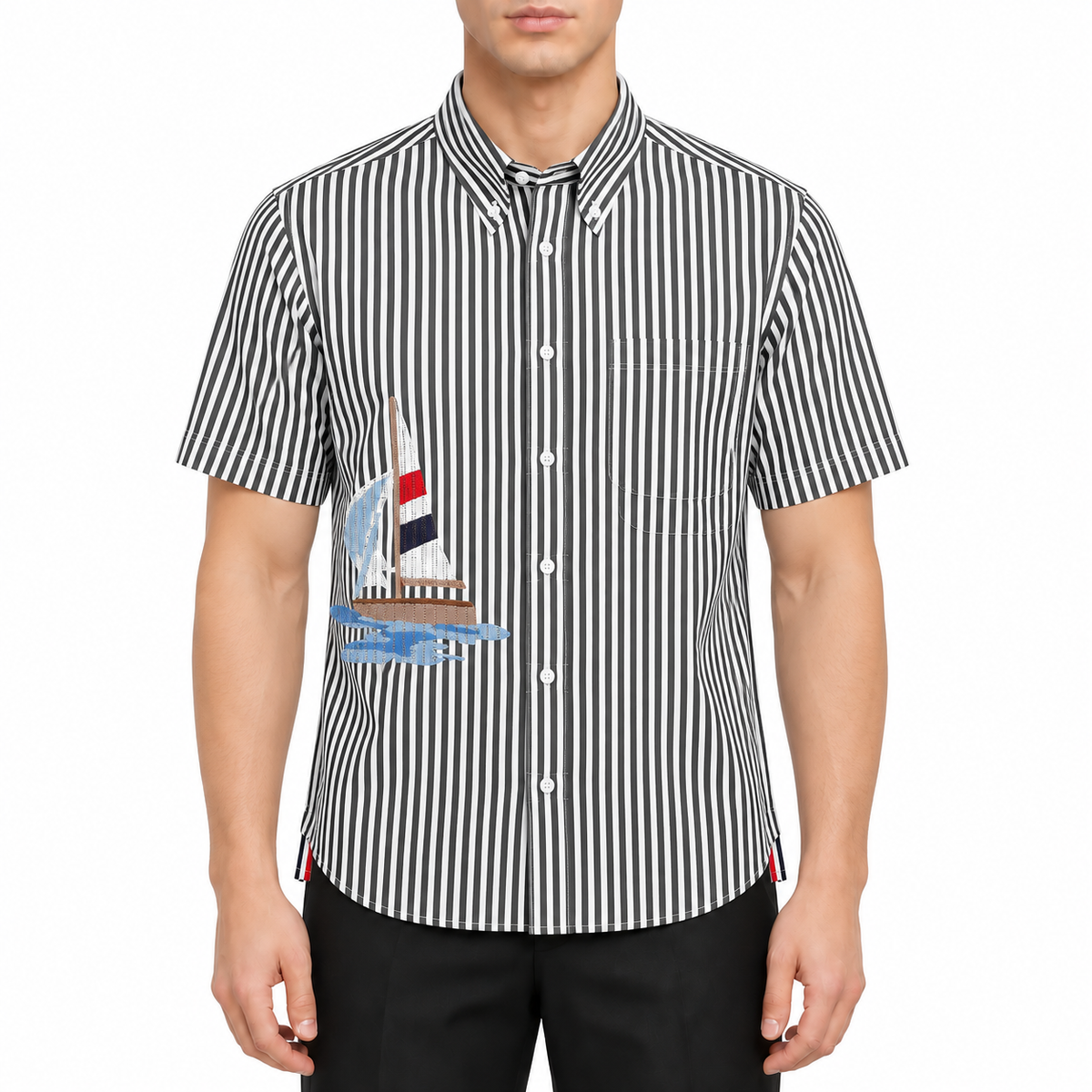 Striped Sailboat Embroidered Shirt — Unisex Short-Sleeve by Thom Browne, modeled on a pure white background