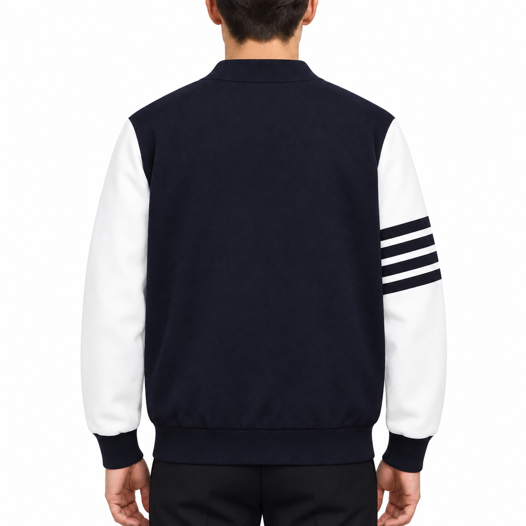 Men 4 bars Jacket by Thom Browne, modeled on a pure white background