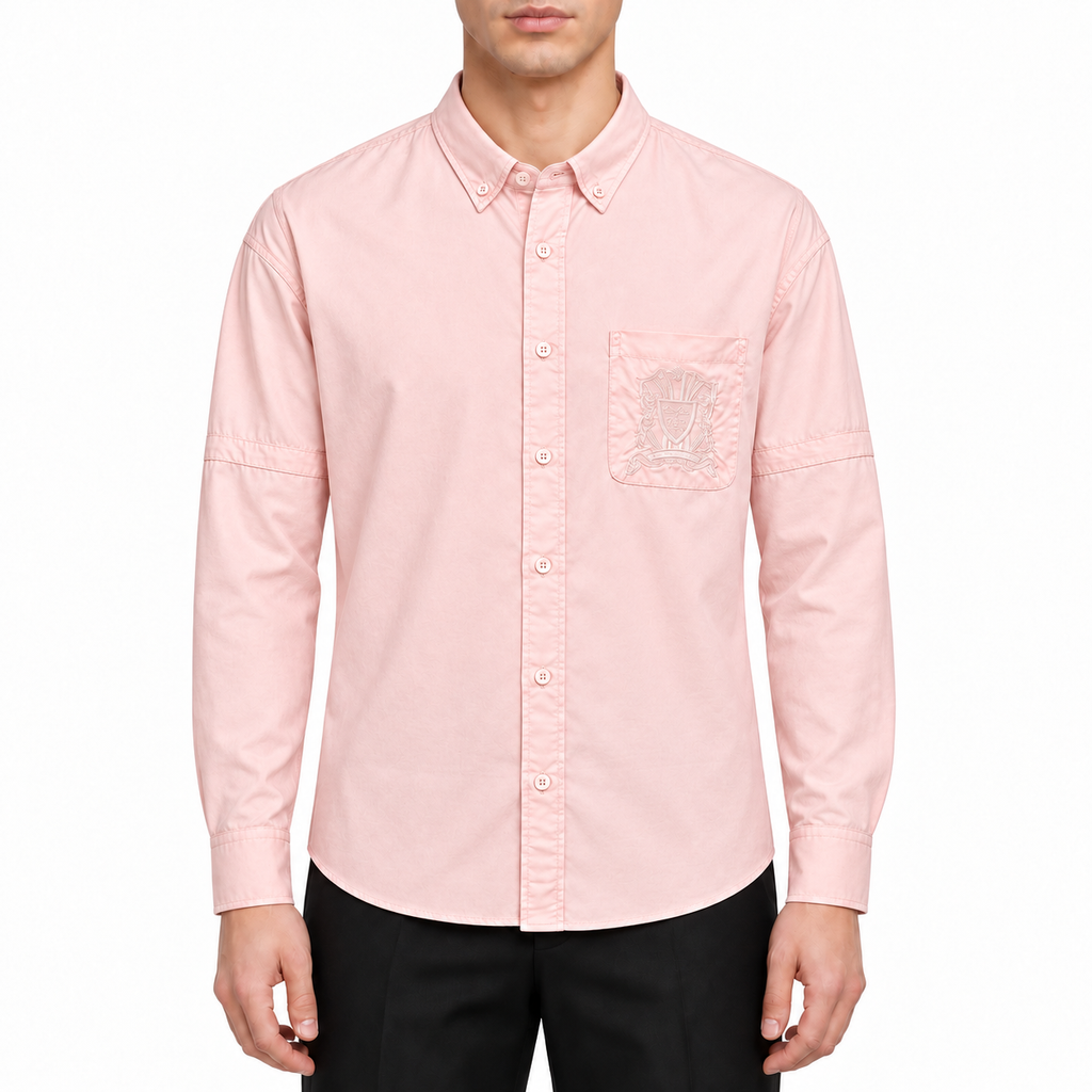Pocket Crest Embroidered Oversized Poplin Shirt - Long Sleeve by Thom Browne, modeled on a pure white background