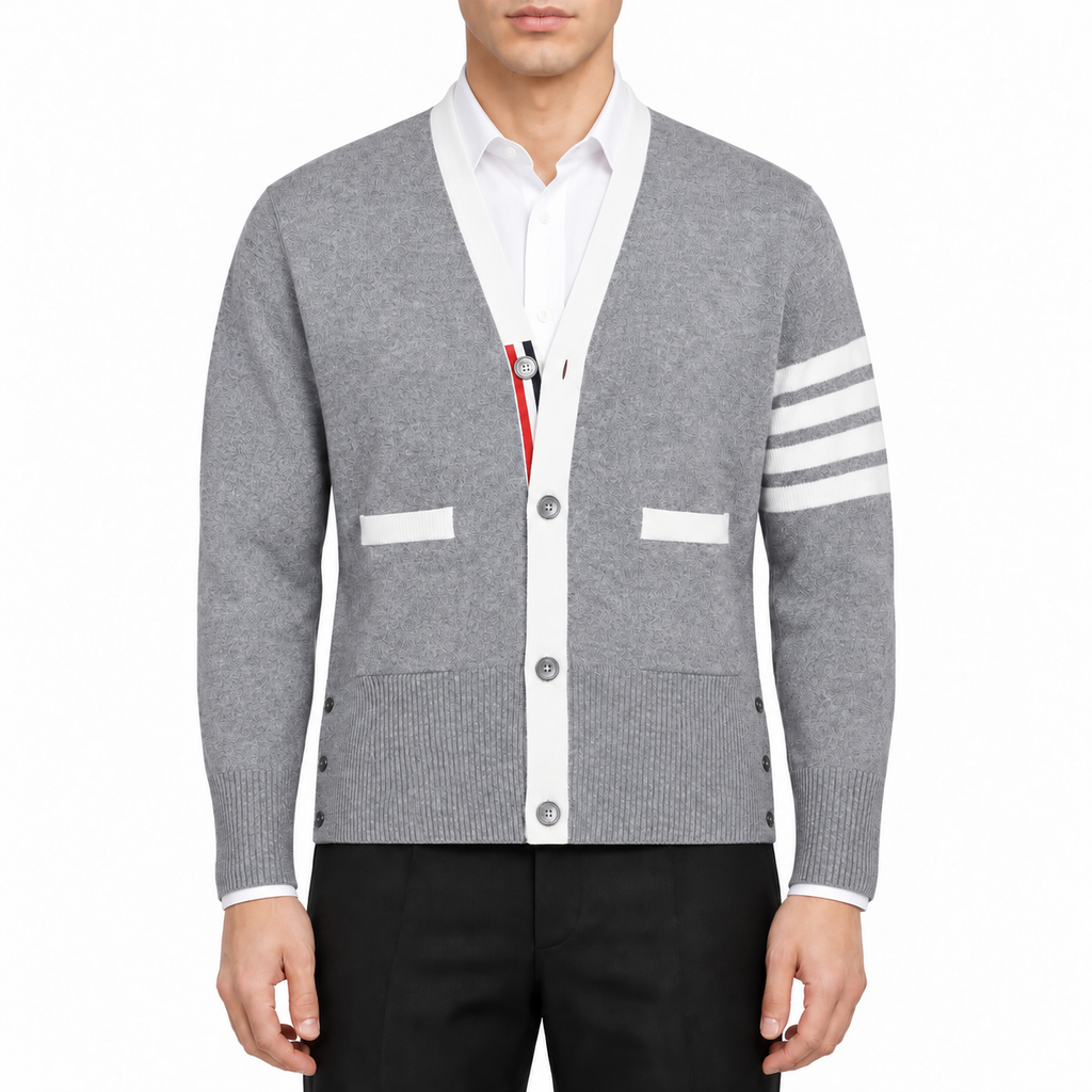 Men's Wool Knitwear by Thom Browne, modeled on a pure white background