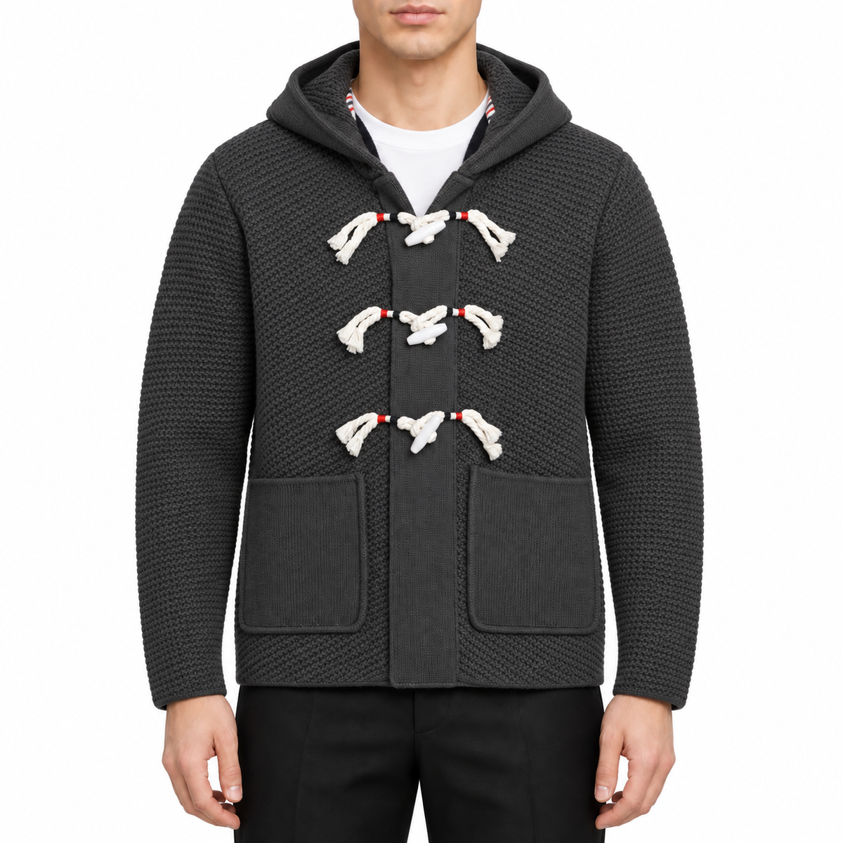 Men's hooded jacket by Thom Browne, modeled on a pure white background